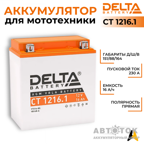 Мотоаккумулятор Delta CT 1216.1, 12V 16Ah, 230А YTX16-BS, YB16B-A